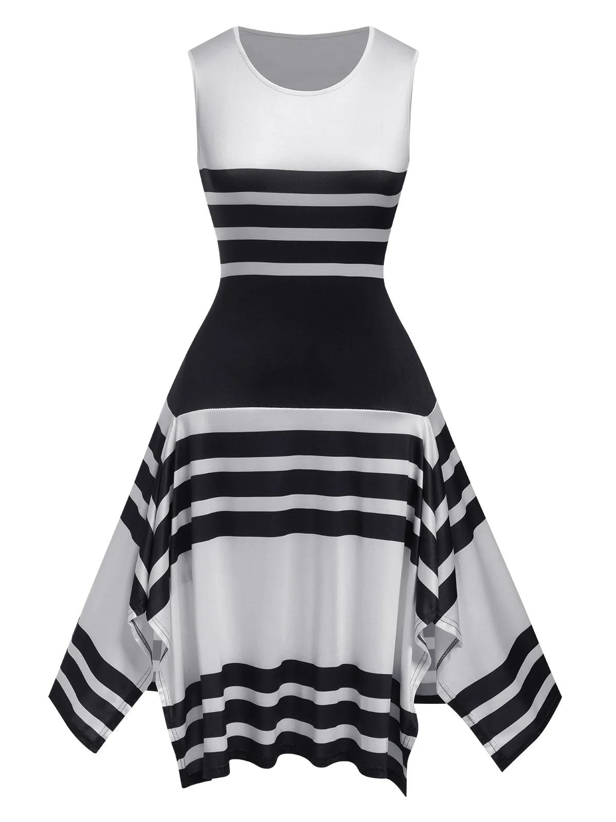 1930s Round Neck Sleeveless Striped Dress