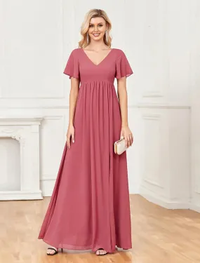A-Line Evening Gown Empire Dress Party Wear Wedding Party Floor Length Short Sleeve V Neck Chiffon V Back with Slit