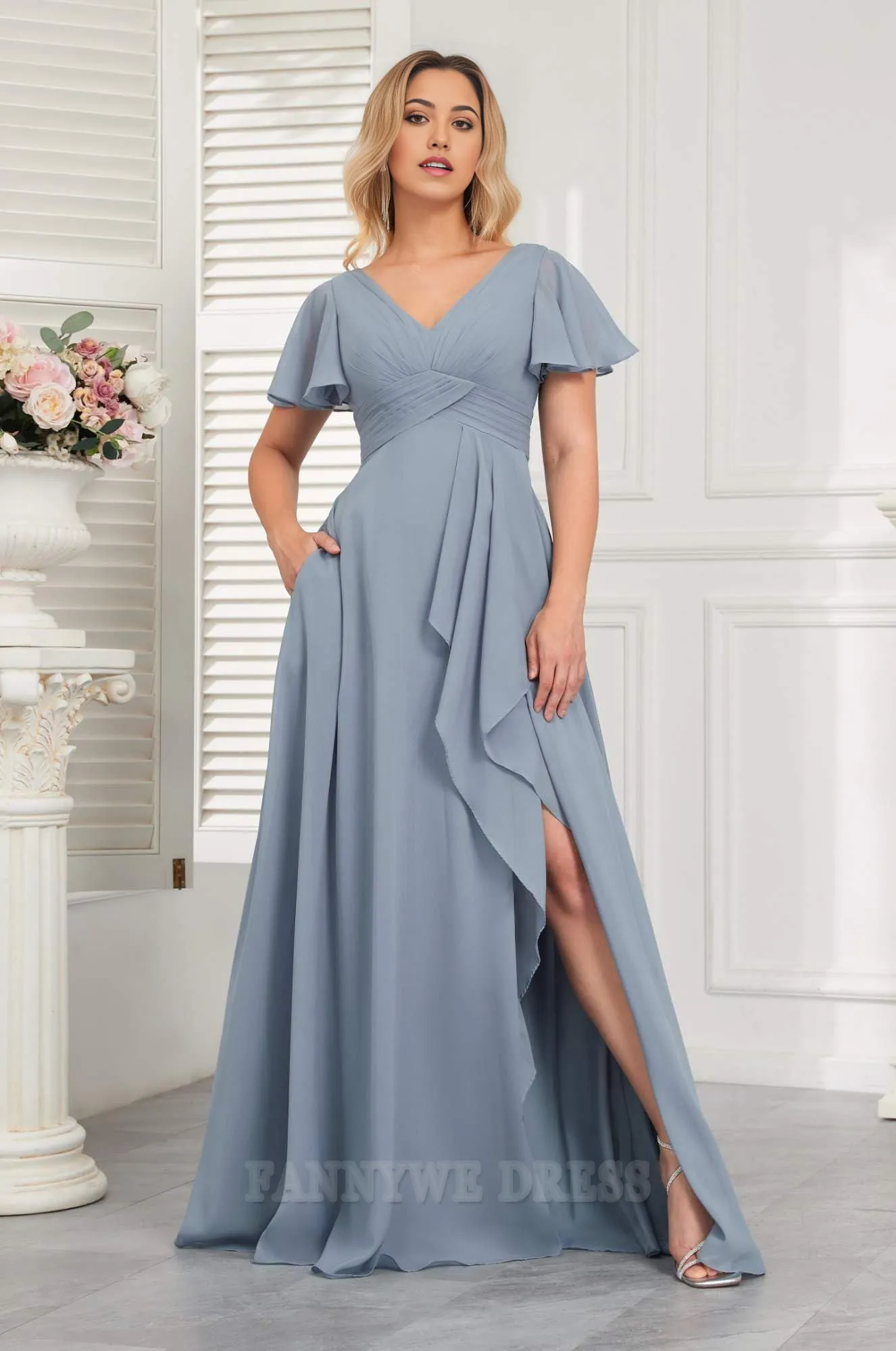 A Line V Neck Flutter Sleeve Chiffon formal dresses Bridesmaid Dresses evening gown Prom Dress With Side Slit