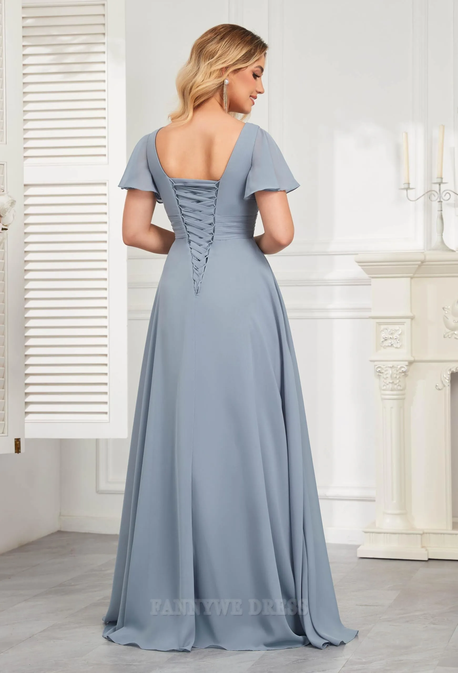 A Line V Neck Flutter Sleeve Chiffon formal dresses Bridesmaid Dresses evening gown Prom Dress With Side Slit