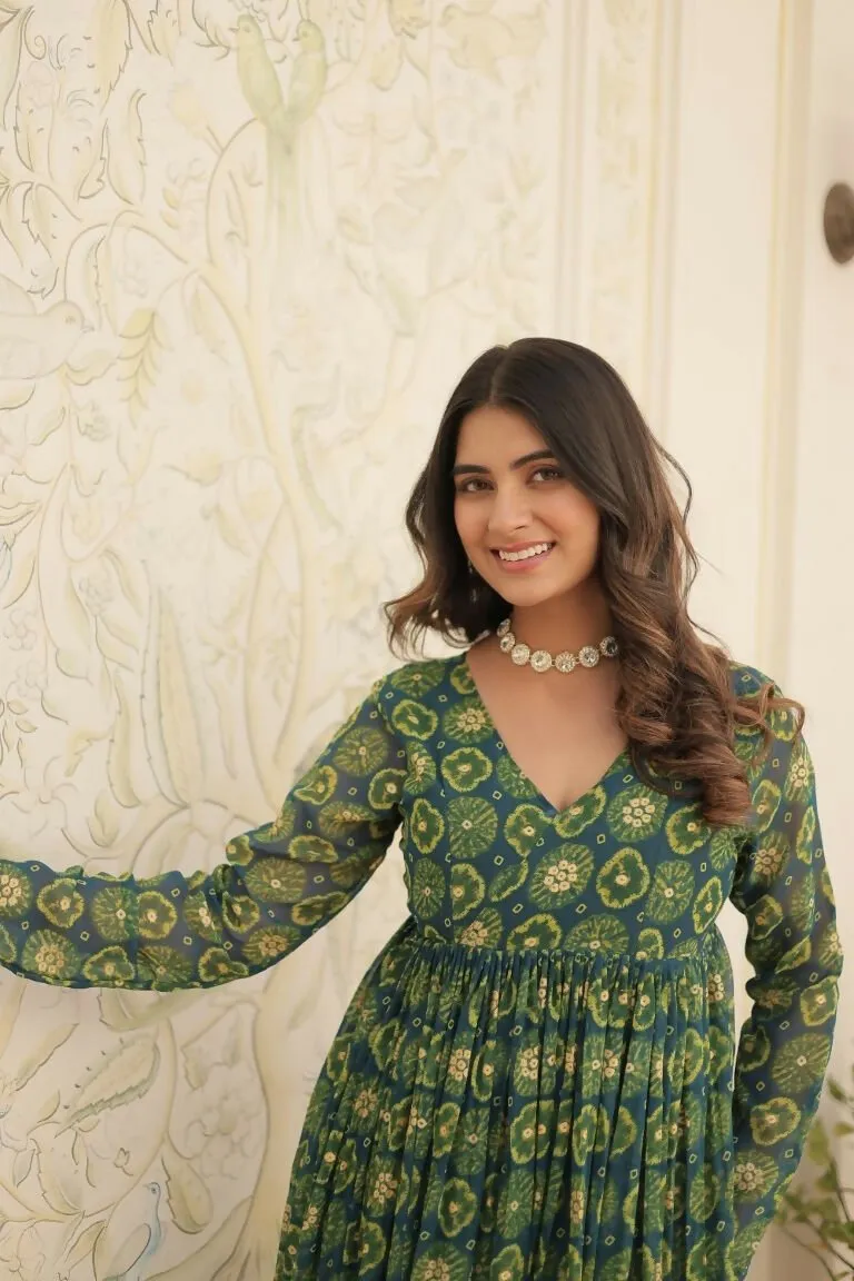 Aastha Fashion Green Faux Georgette Printed Gown With Pant
