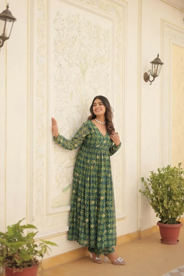 Aastha Fashion Green Faux Georgette Printed Gown With Pant