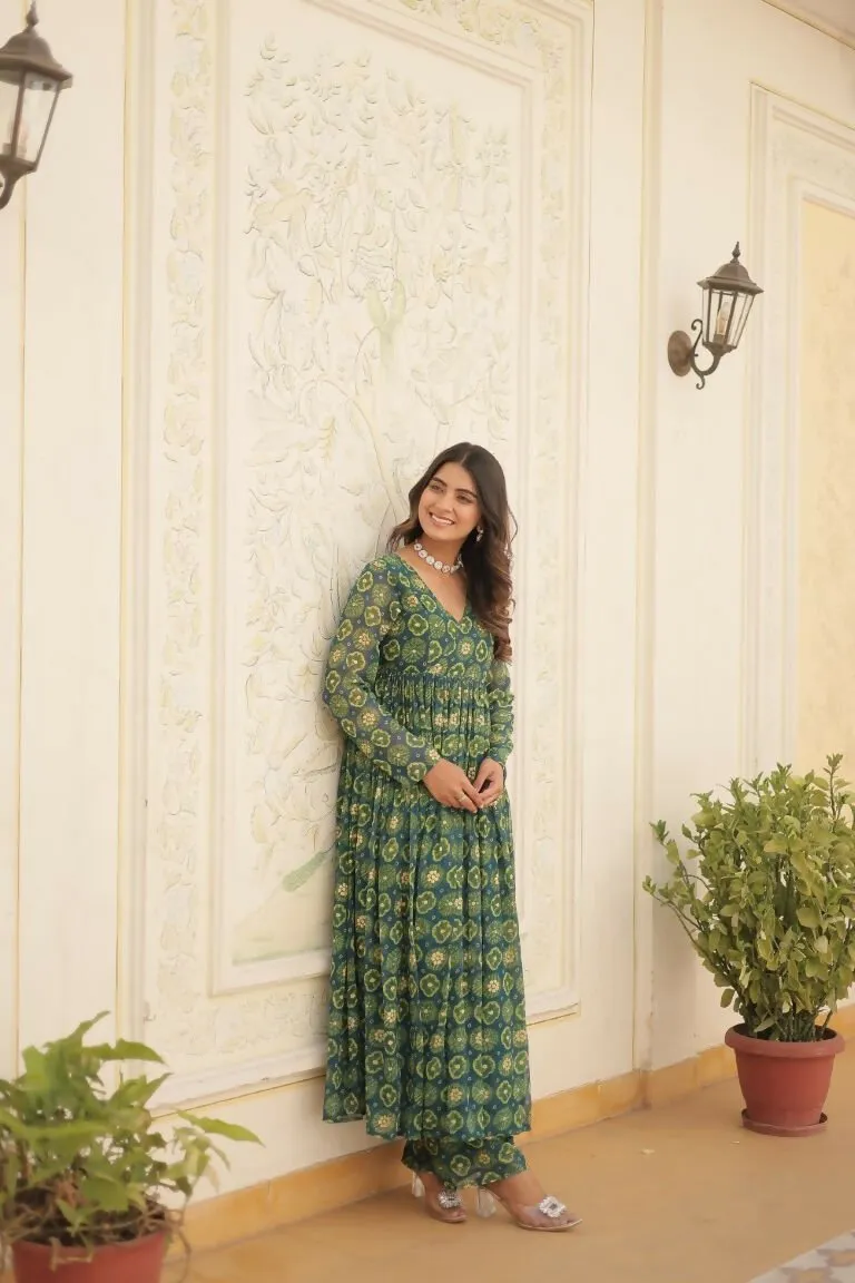 Aastha Fashion Green Faux Georgette Printed Gown With Pant