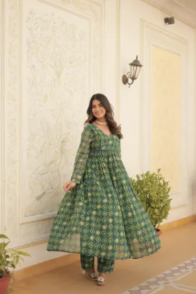 Aastha Fashion Green Faux Georgette Printed Gown With Pant