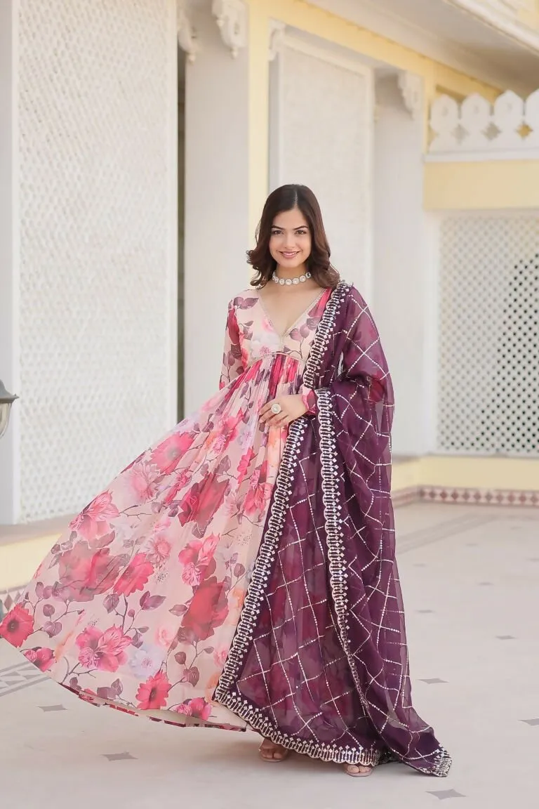 Aastha Fashion Women's White Russian silk Digital Printed Gown with Dupatta