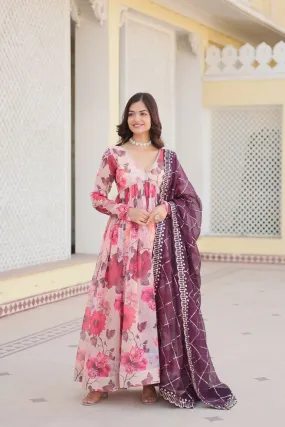 Aastha Fashion Women's White Russian silk Digital Printed Gown with Dupatta