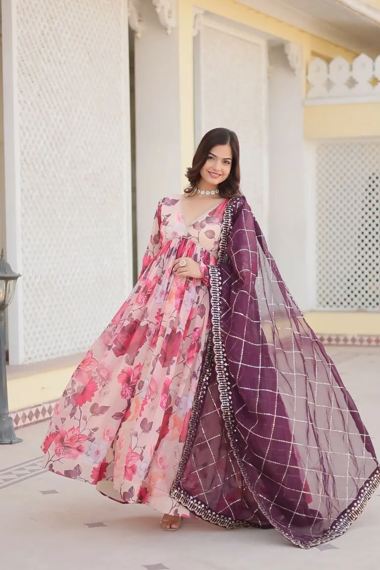 Aastha Fashion Women's White Russian silk Digital Printed Gown with Dupatta