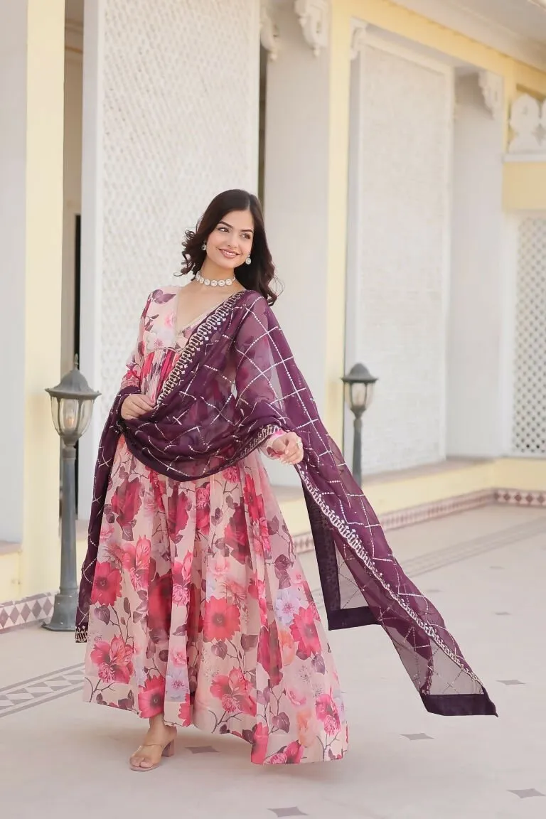 Aastha Fashion Women's White Russian silk Digital Printed Gown with Dupatta