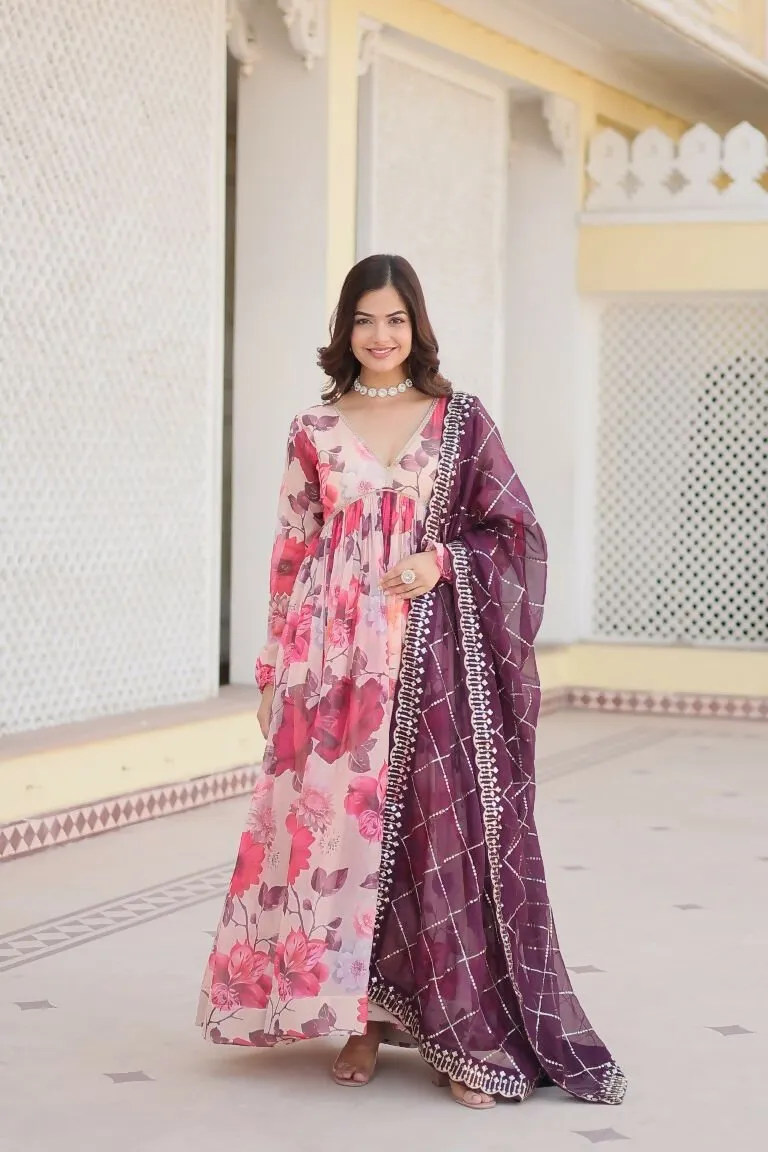 Aastha Fashion Women's White Russian silk Digital Printed Gown with Dupatta