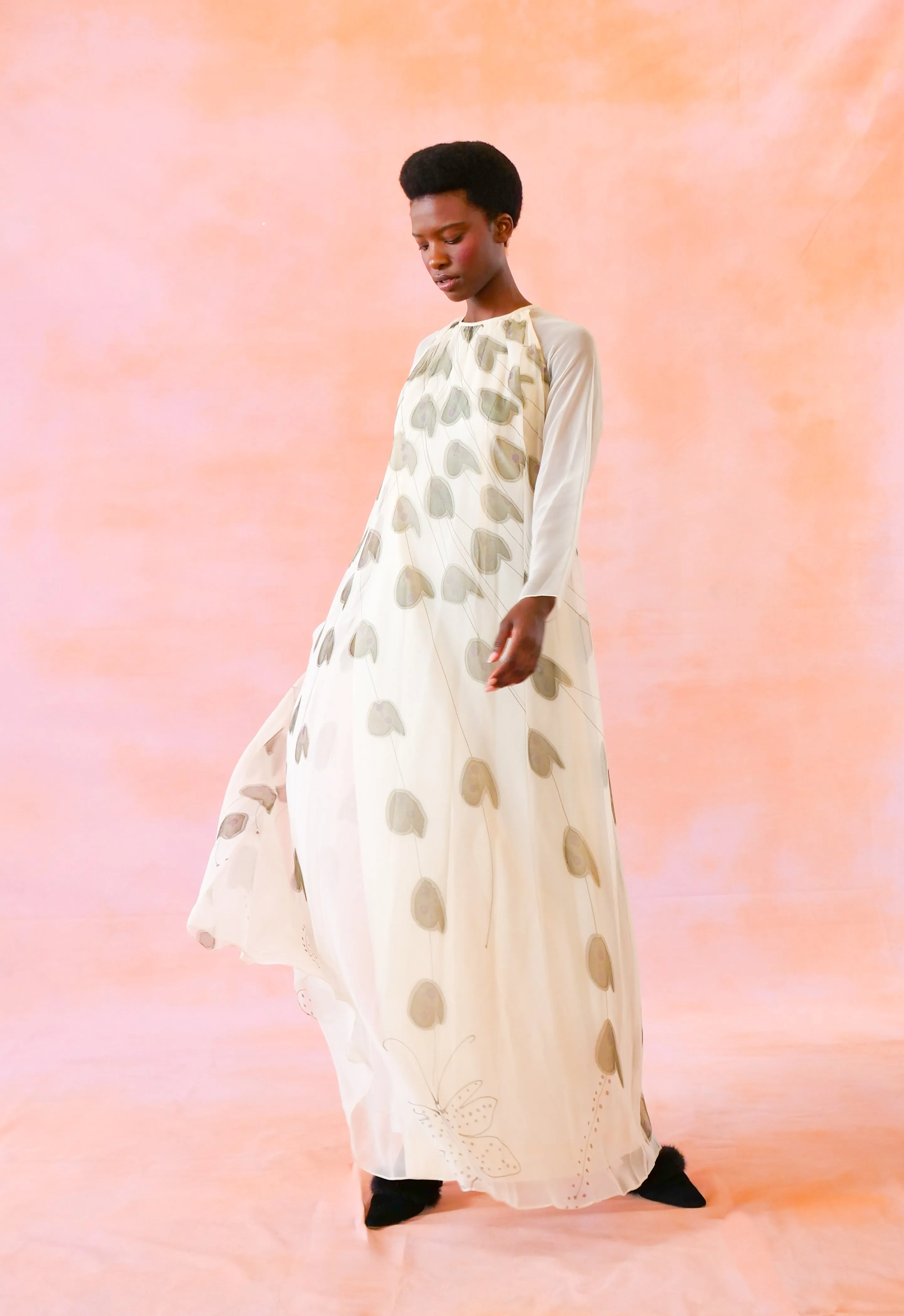 Abstracted Floral Ivory Chiffon Gown