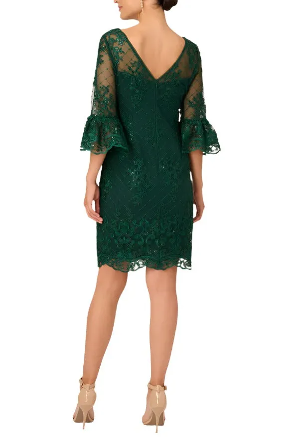 Adrianna Papell boat illusion neck bell sleeve embellished zipper back mesh dress