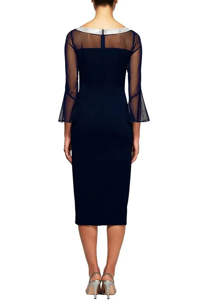 Alex Evenings embellished boat neck bell sleeve illusion sheath crepe dress