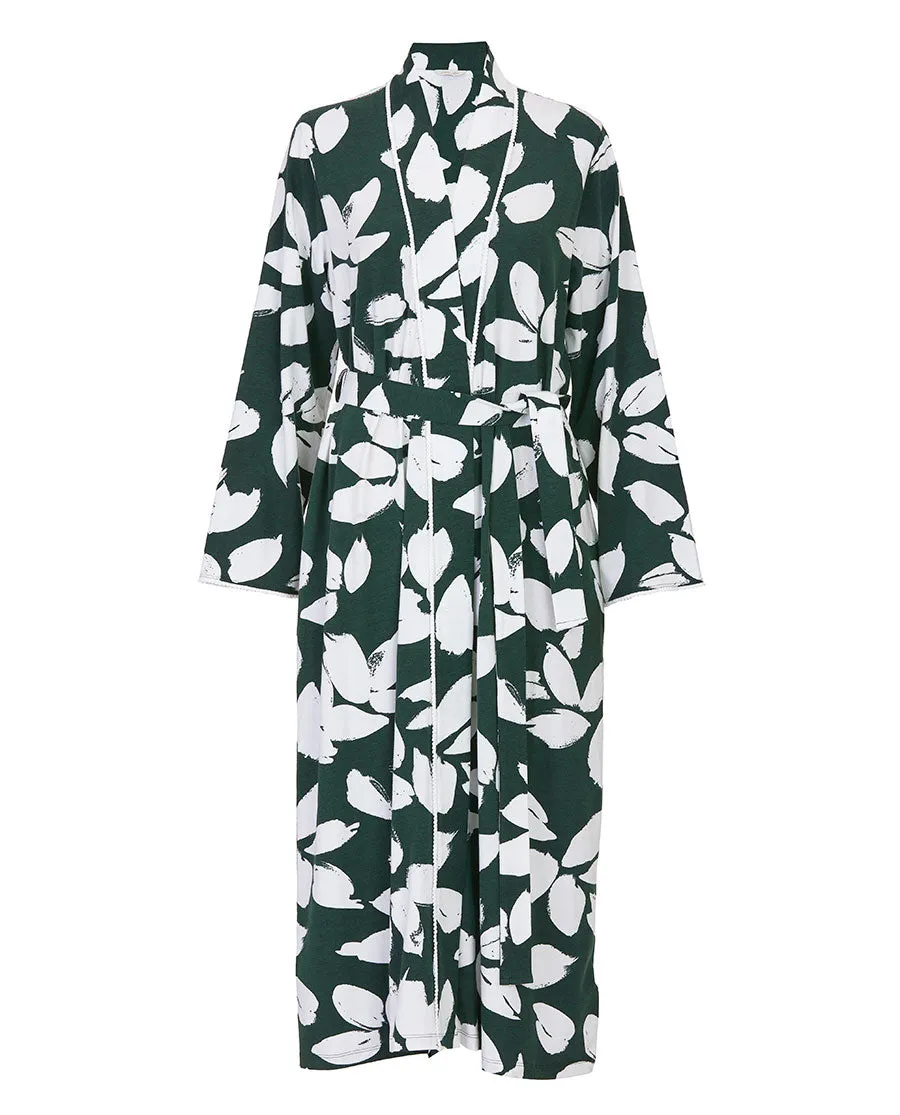 Anne Womens Lace Trim Leaf Printed Jersey Long Dressing Gown