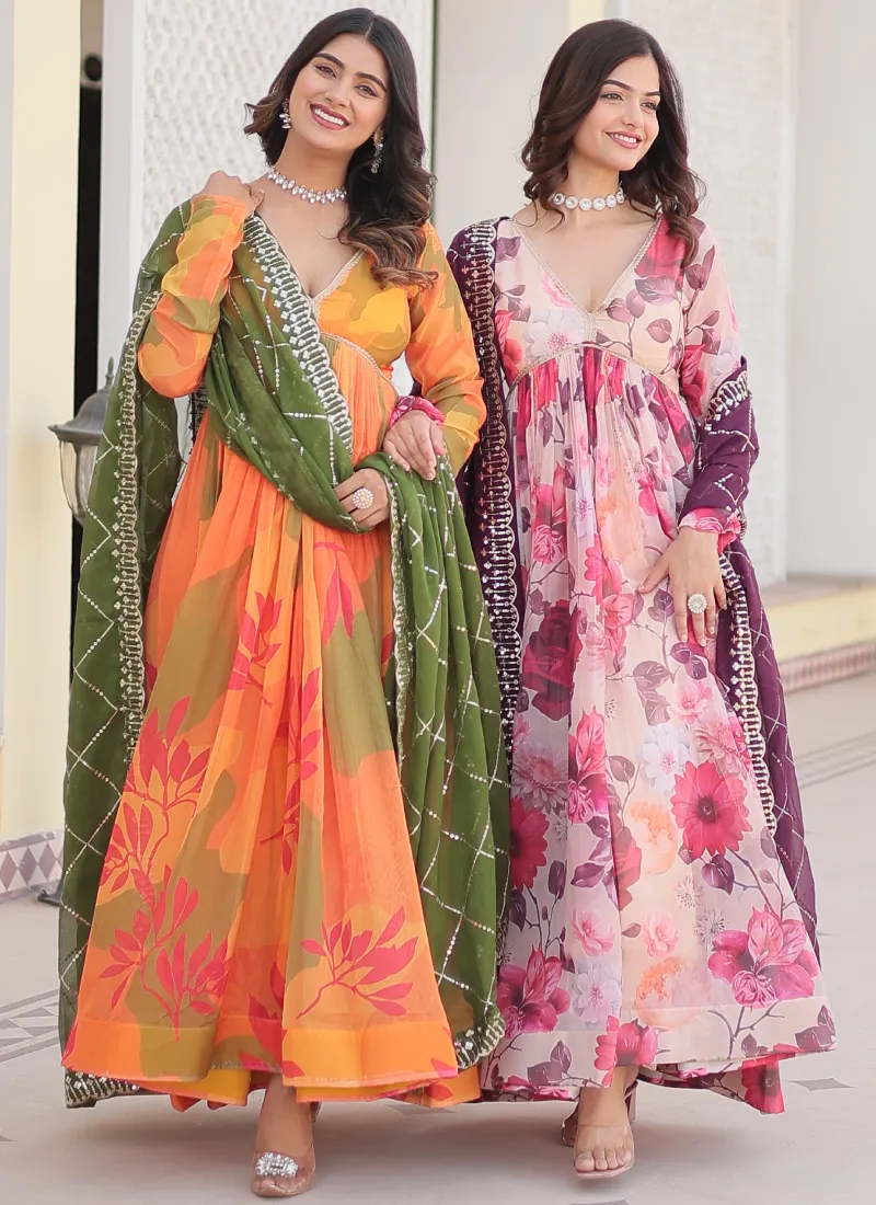 Attractive Orange Russian Silk Digital Floral Printed Anarkali Gown