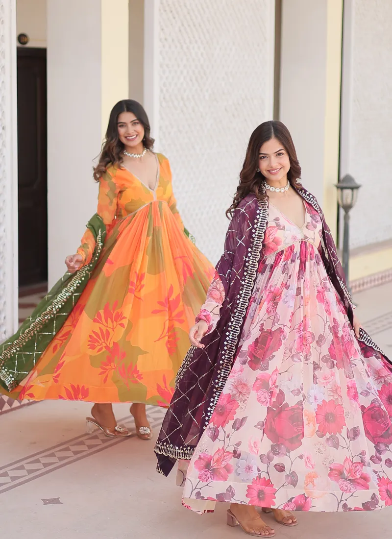 Attractive Orange Russian Silk Digital Floral Printed Anarkali Gown