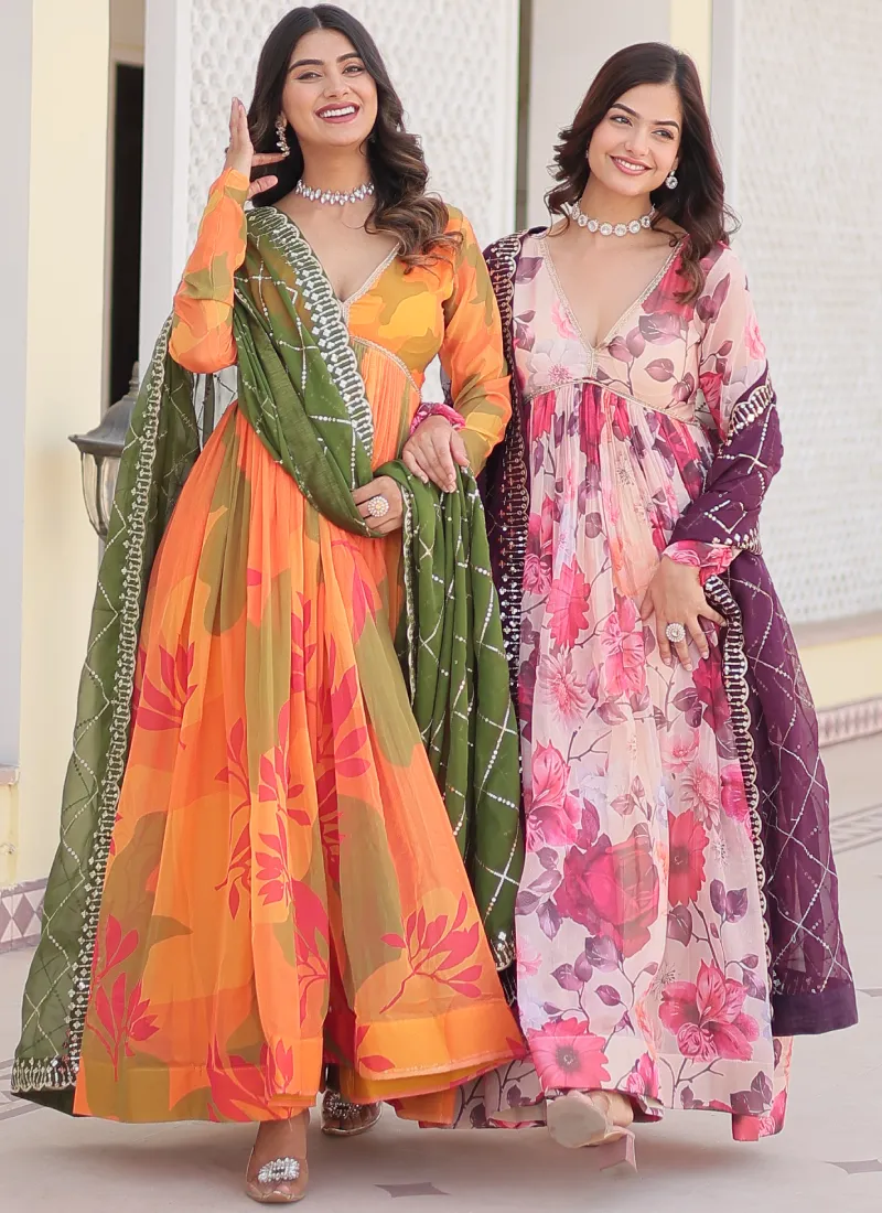 Attractive Orange Russian Silk Digital Floral Printed Anarkali Gown