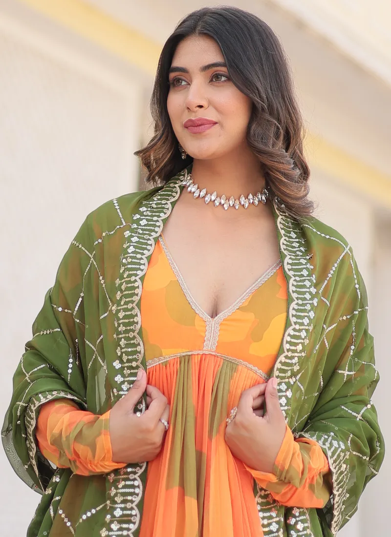 Attractive Orange Russian Silk Digital Floral Printed Anarkali Gown