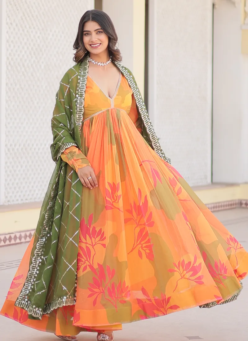 Attractive Orange Russian Silk Digital Floral Printed Anarkali Gown