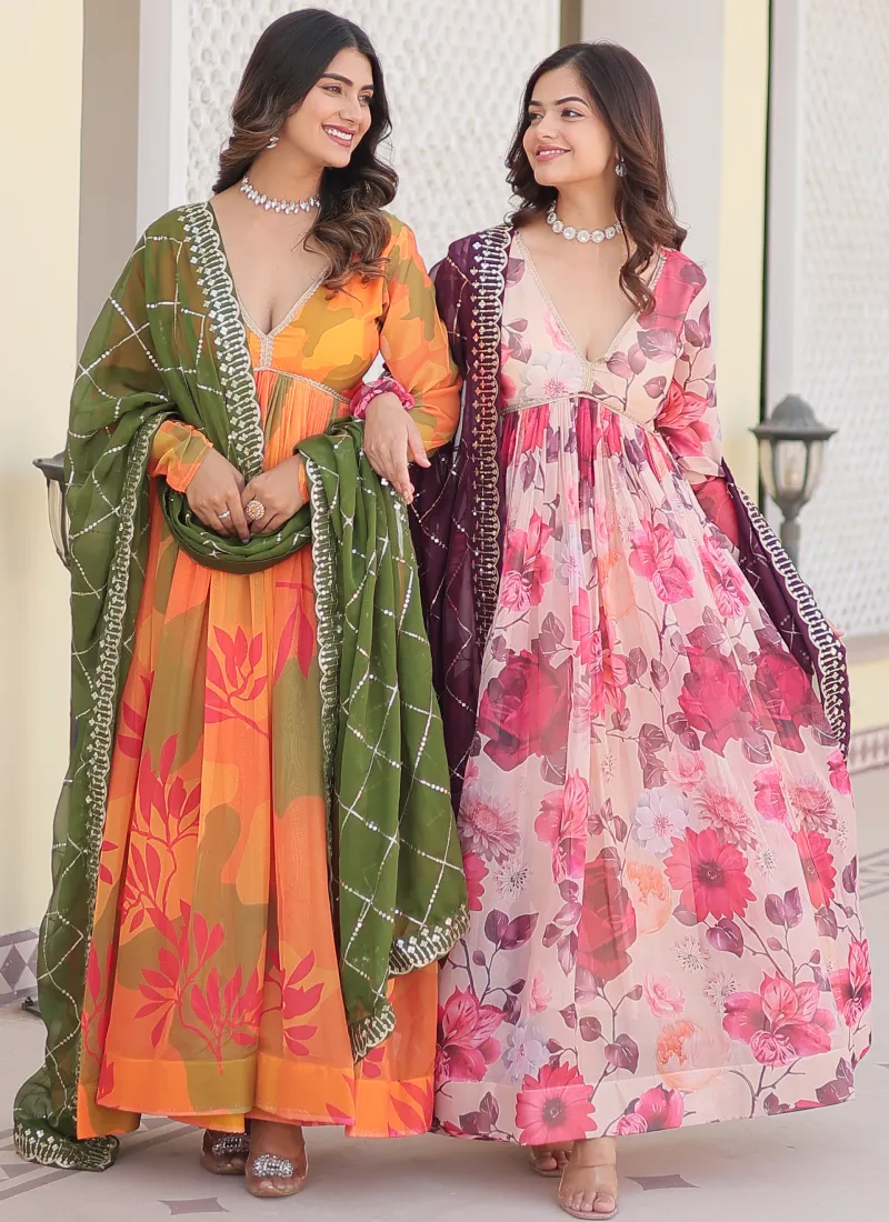 Attractive Orange Russian Silk Digital Floral Printed Anarkali Gown