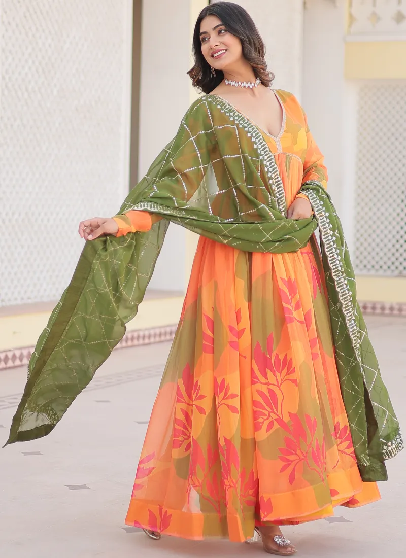 Attractive Orange Russian Silk Digital Floral Printed Anarkali Gown