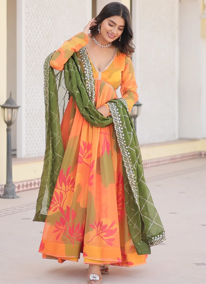 Attractive Orange Russian Silk Digital Floral Printed Anarkali Gown