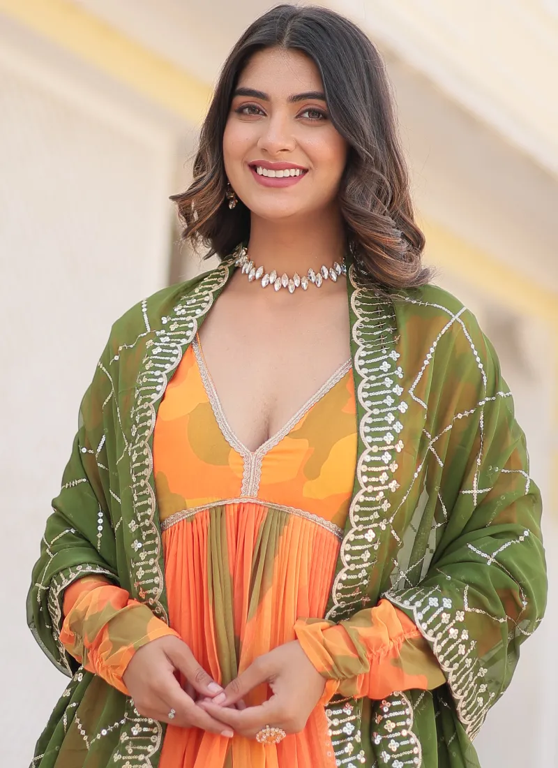 Attractive Orange Russian Silk Digital Floral Printed Anarkali Gown