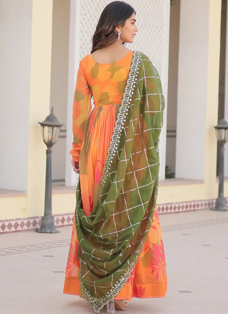 Attractive Orange Russian Silk Digital Floral Printed Anarkali Gown