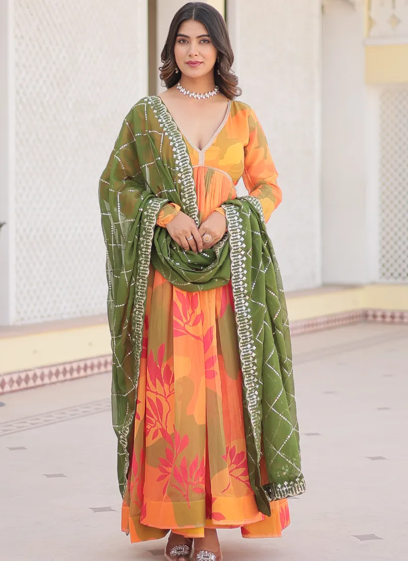 Attractive Orange Russian Silk Digital Floral Printed Anarkali Gown