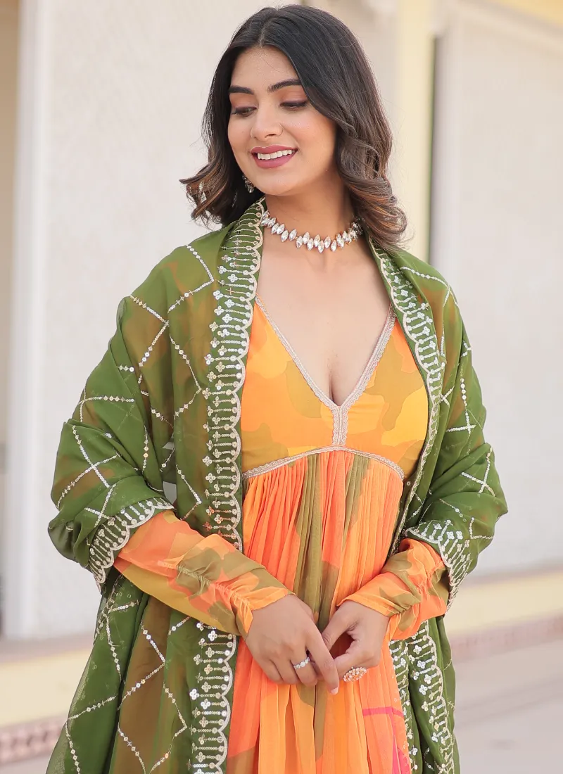 Attractive Orange Russian Silk Digital Floral Printed Anarkali Gown
