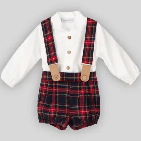 Baby Boys Shirt and Tartan Shorts with Braces - Red - Calamaro 17902