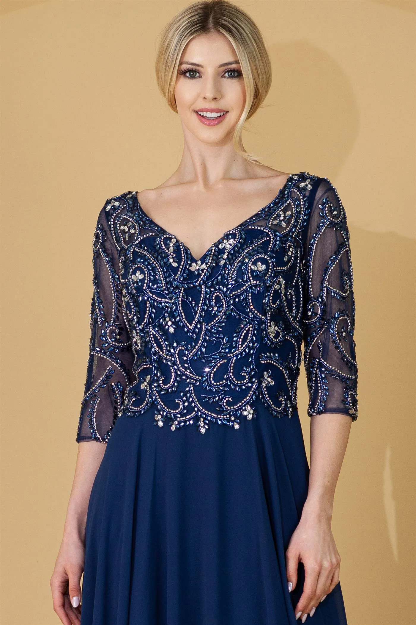 Beaded 3/4 Sleeve V-Neck Chiffon Gown by Amelia Couture 7046 - Outlet