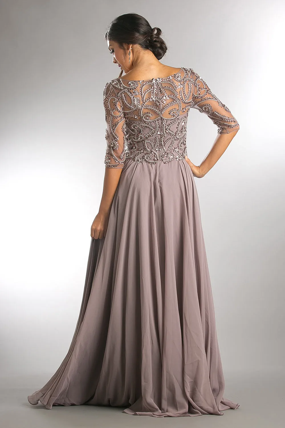 Beaded 3/4 Sleeve V-Neck Chiffon Gown by Amelia Couture 7046 - Outlet