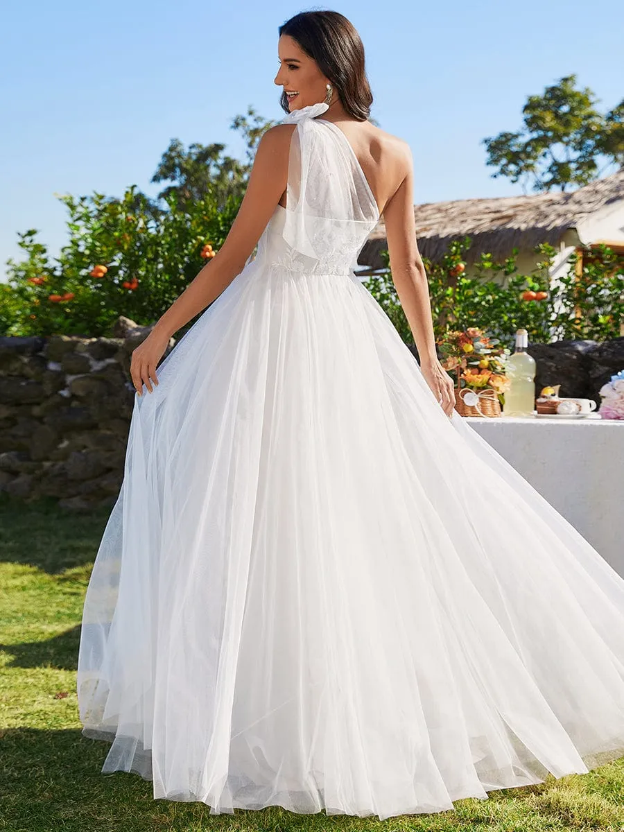 Beautiful One-Shoulder Wedding Dress with Pearl Detail