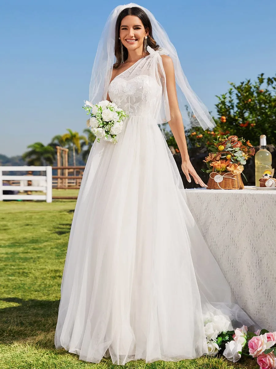 Beautiful One-Shoulder Wedding Dress with Pearl Detail