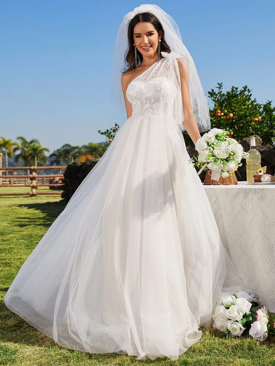 Beautiful One-Shoulder Wedding Dress with Pearl Detail
