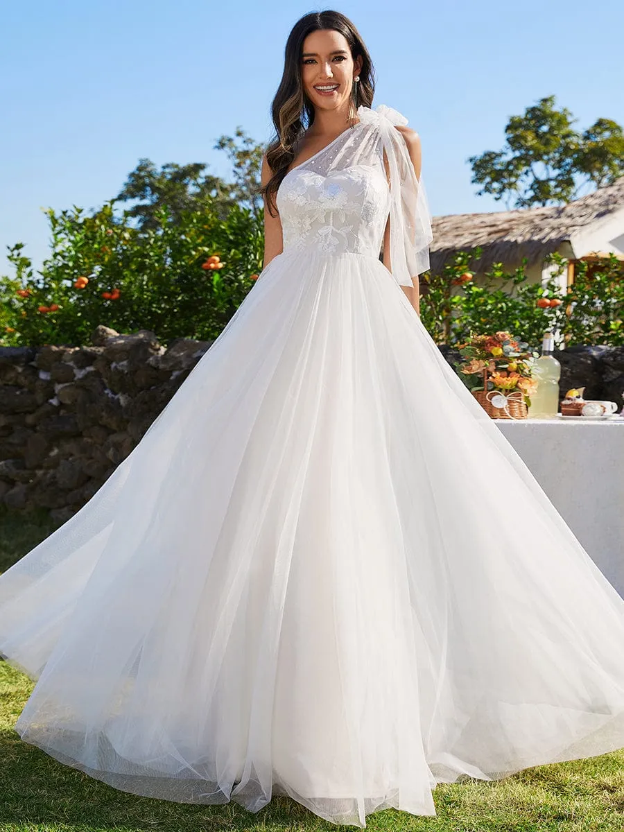 Beautiful One-Shoulder Wedding Dress with Pearl Detail
