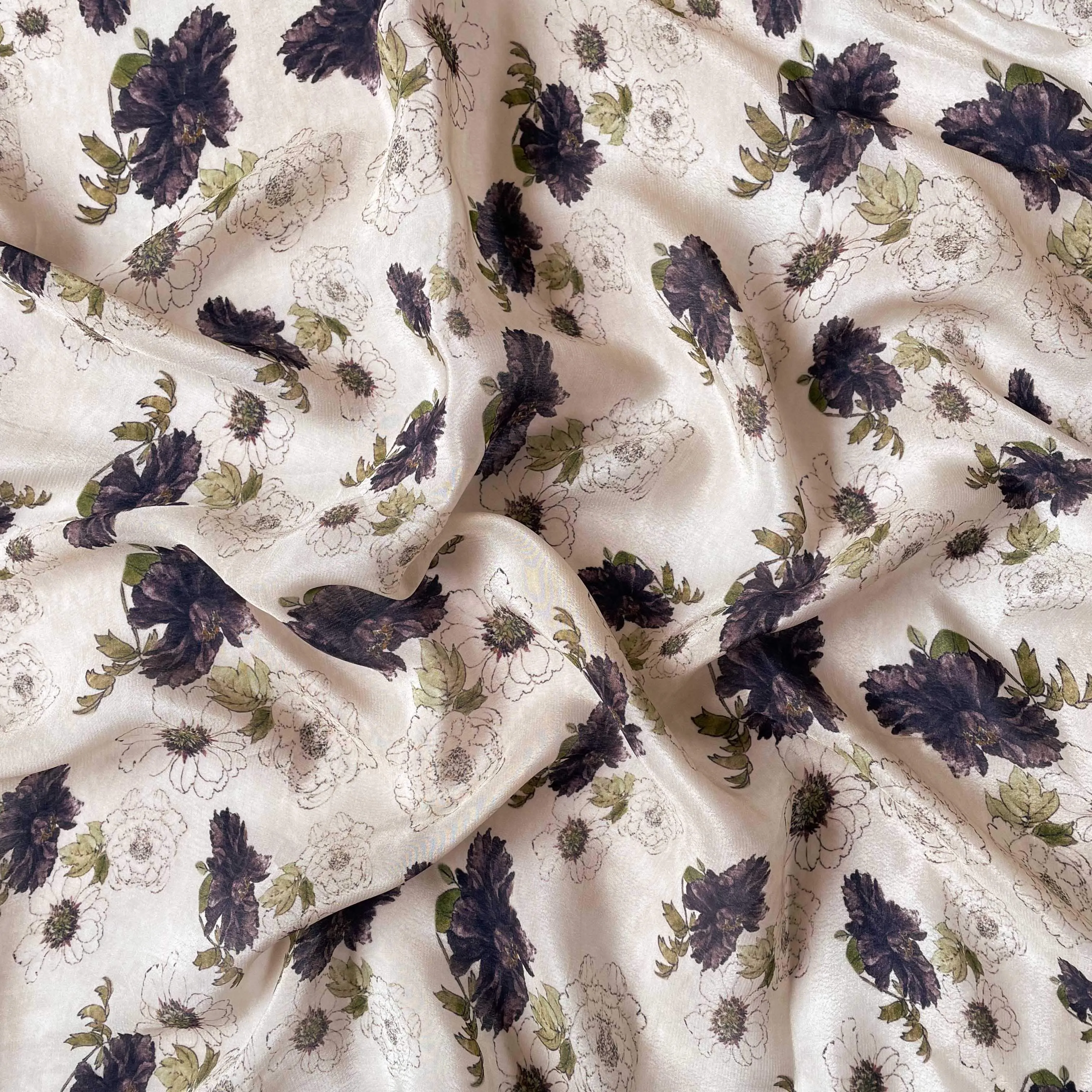 Beige & Violet Dhalia Garden Digital Printed Pure Crepe Fabric (Width 43 Inches)
