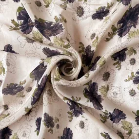 Beige & Violet Dhalia Garden Digital Printed Pure Crepe Fabric (Width 43 Inches)