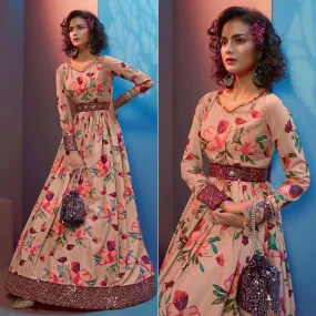 Beige Floral Printed With Sequins Pure Silk Anarkali Style Gown