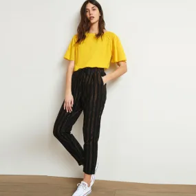 Black / Bronze Stripe Linen Blend Taper Trousers