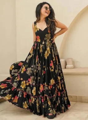 Black Colored Heavy Rayon Digital Printed Fully Flared Gown
