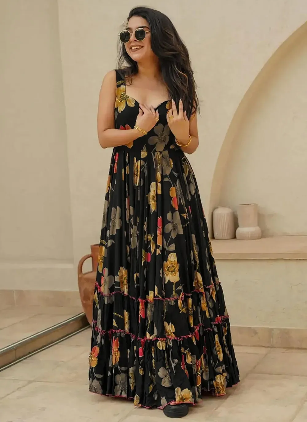 Black Colored Heavy Rayon Digital Printed Fully Flared Gown