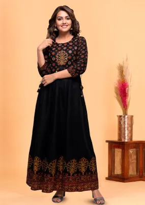 Black Embroidery Printed Rayon Ethnic Gown