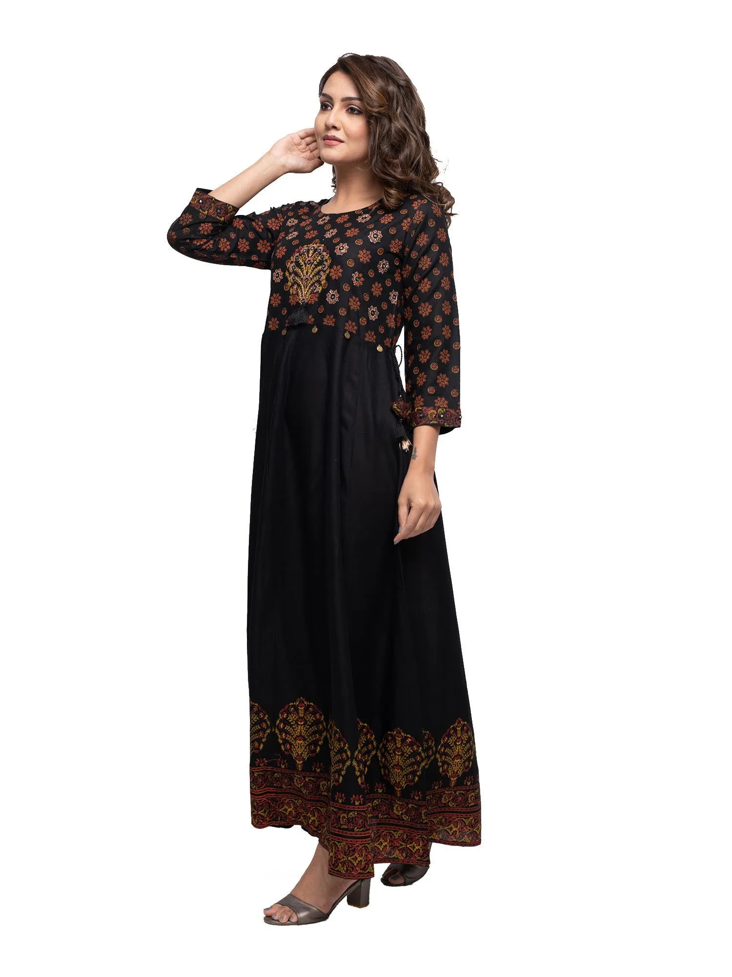 Black Embroidery Printed Rayon Ethnic Gown