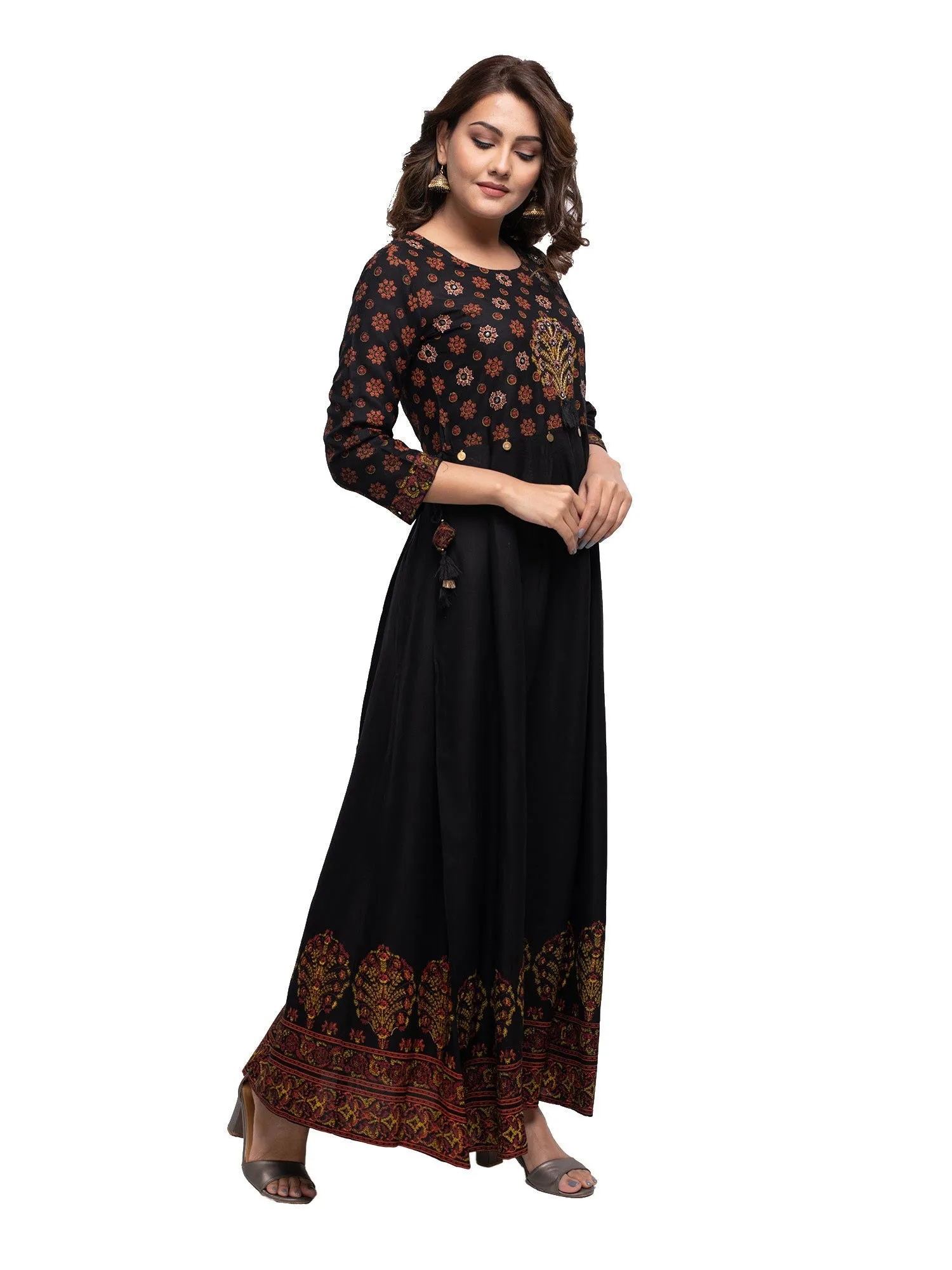 Black Embroidery Printed Rayon Ethnic Gown