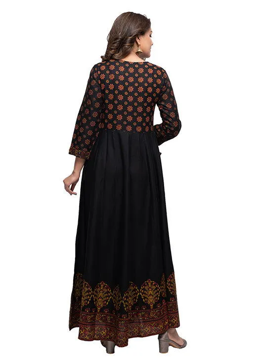 Black Embroidery Printed Rayon Ethnic Gown