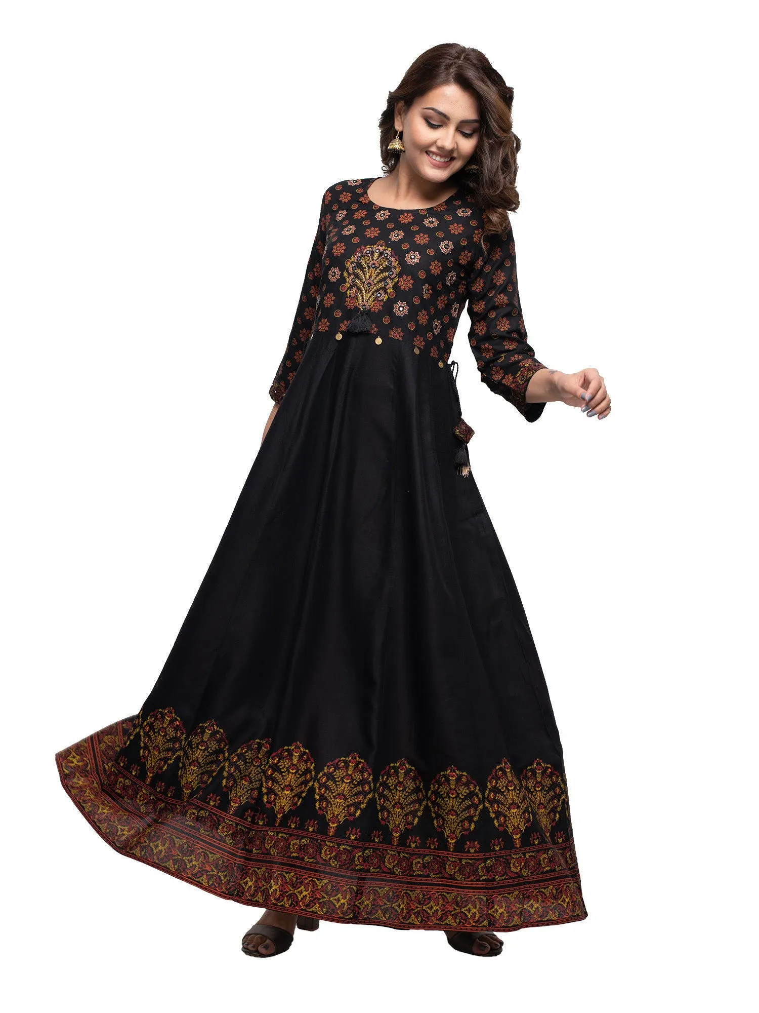 Black Embroidery Printed Rayon Ethnic Gown