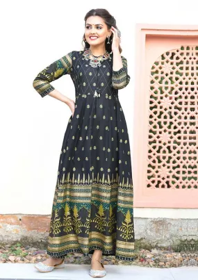 Black Green Gold Printed Embellishment Ethnic Gown (pack of 1)