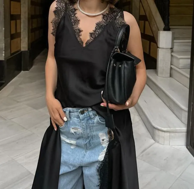 Black Lace With Satin Dress