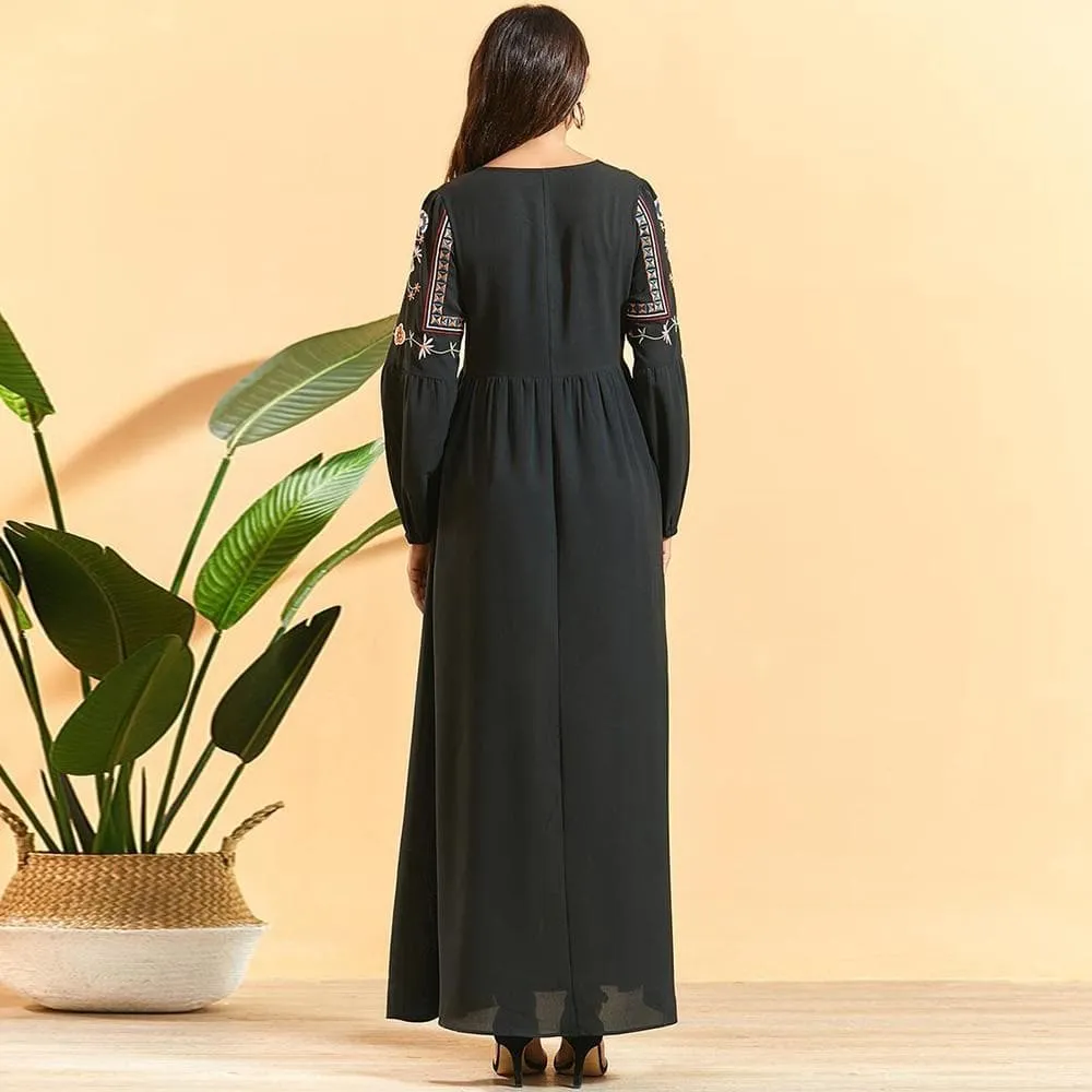 Black Maxi Dress Ethnic Floral Embroidery